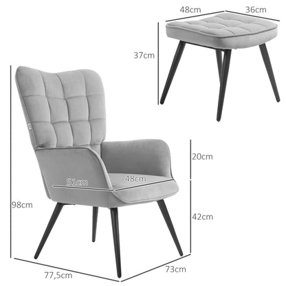 Fauteuil – Relaxstoel – Loungestoel – Leunstoel – Zitstoel – Fluwelen Bekleding – Hoog Draagvermogen 120 Kg – Inclusief Voetenbank – Lichtgrijs
