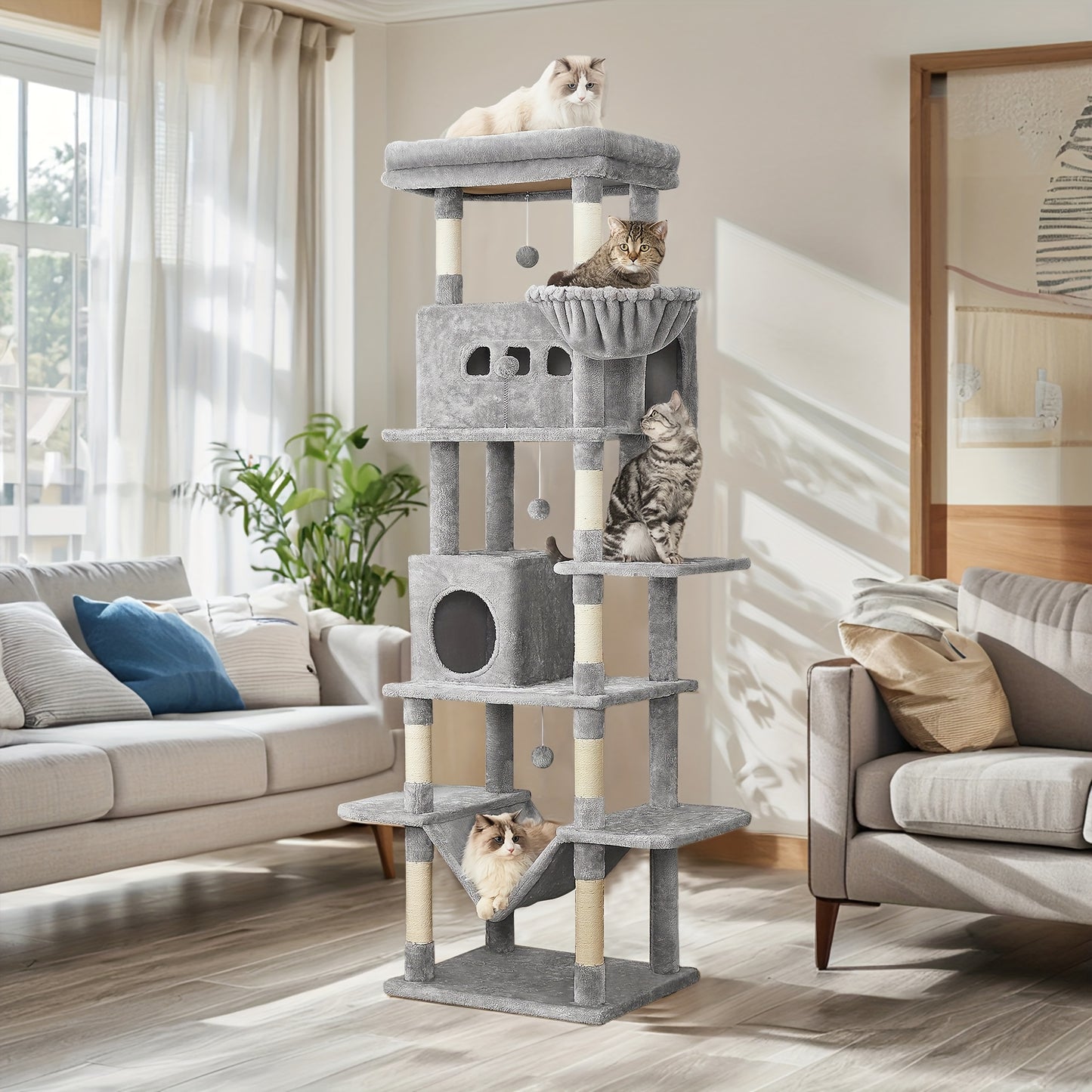 Kattenboom – Krabpaal – Klimpaal – Kattenhuis – Krabmeubel – 210 cm Hoog – 8 Sisal Krabpalen – Lichtgrijs – Met Hangmat en Wasbaar Platform
