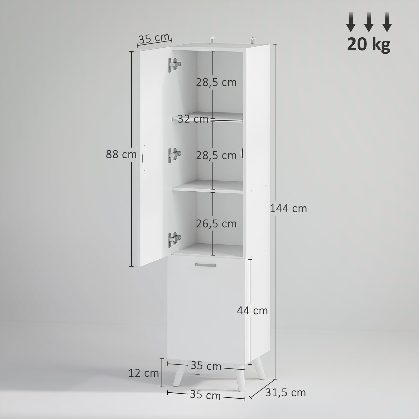 Badkamerkolomkast – Opbergkast – Kolomkast – Kast Met Deur – Stijlvolle Badkamerkast – Wit – 35x31,5x144 cm – Met Kantelbare Wasmand – Anti-Kantel Systeem