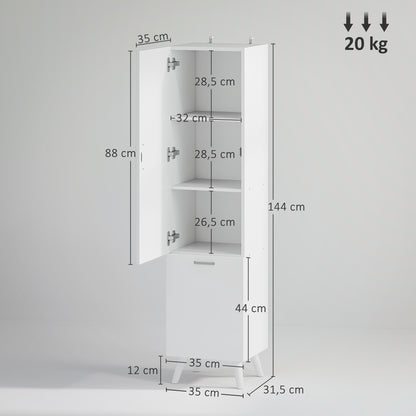 Badkamerkolomkast – Opbergkast – Kolomkast – Kast Met Deur – Stijlvolle Badkamerkast – Wit – 35x31,5x144 cm – Met Kantelbare Wasmand – Anti-Kantel Systeem