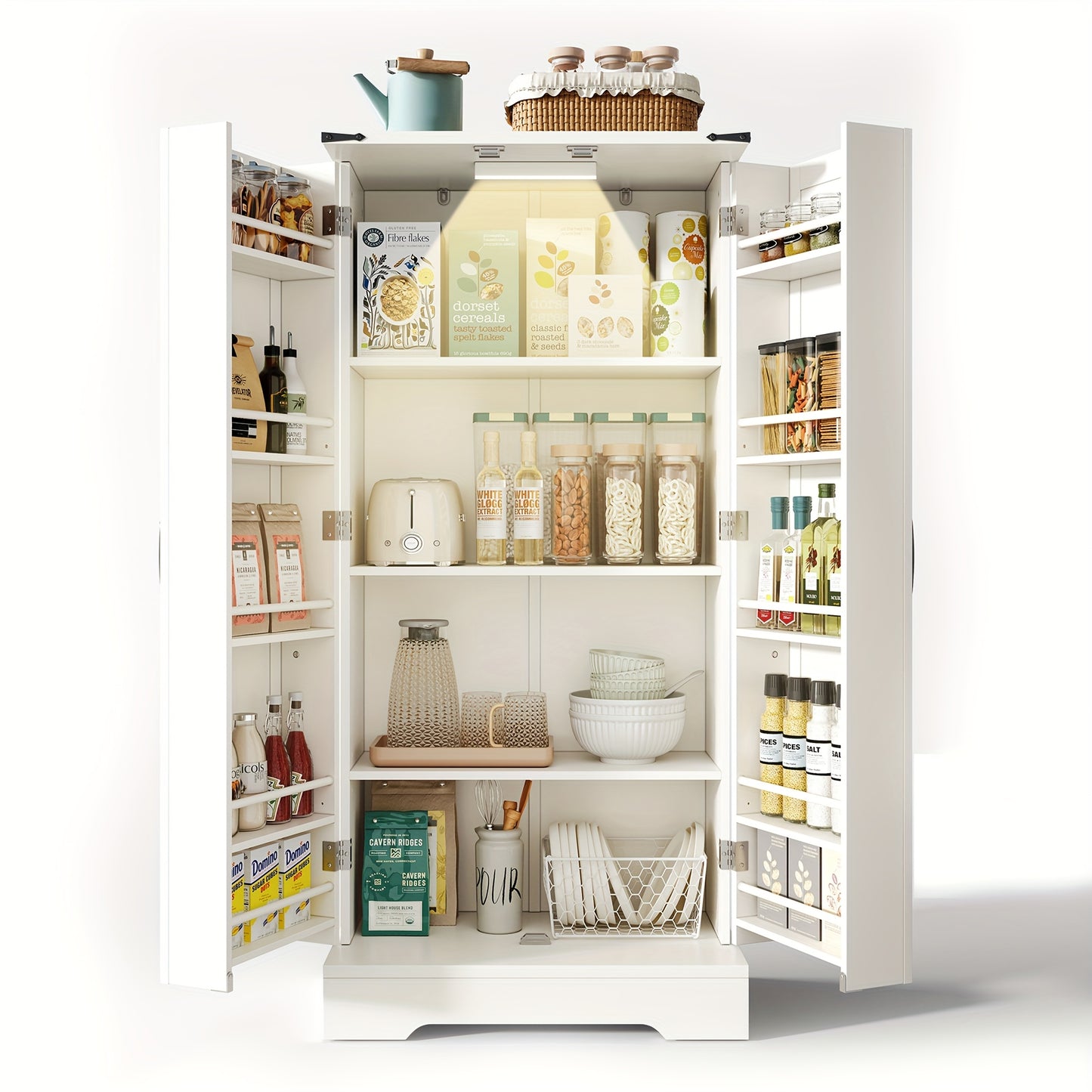 127.0cm White Farmhouse Kitchen Cabinet with 2 Hinged Doors & Adjustable Shelves - Freestanding Storage Cabinet with -Tip Device, Gravure Texture Finish, Space-Saving Design for Small Spaces, Easy Assembly, Sturdy Constructio
