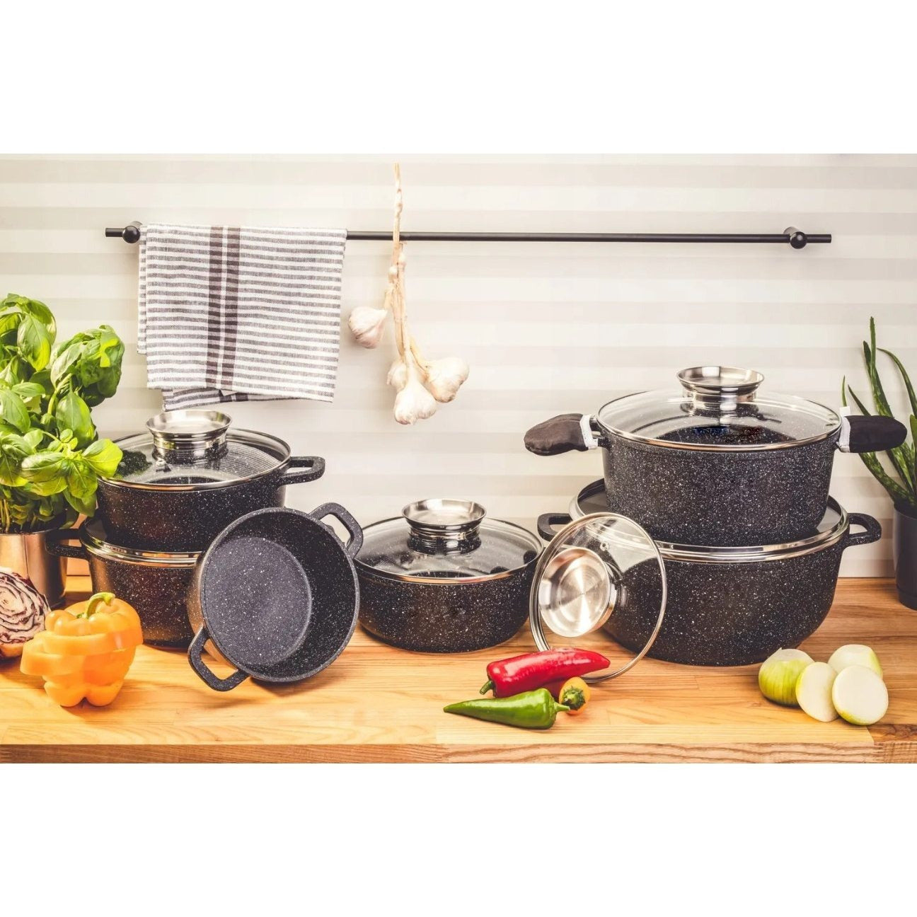 12-delige Pottenset – Kookpot – Braadpan – Stoofpot – Steelpan – Marmeren Coating – Geschikt Voor Alle Kookplaten – Inductie – PFOA-vrij – Antiaanbaklaag