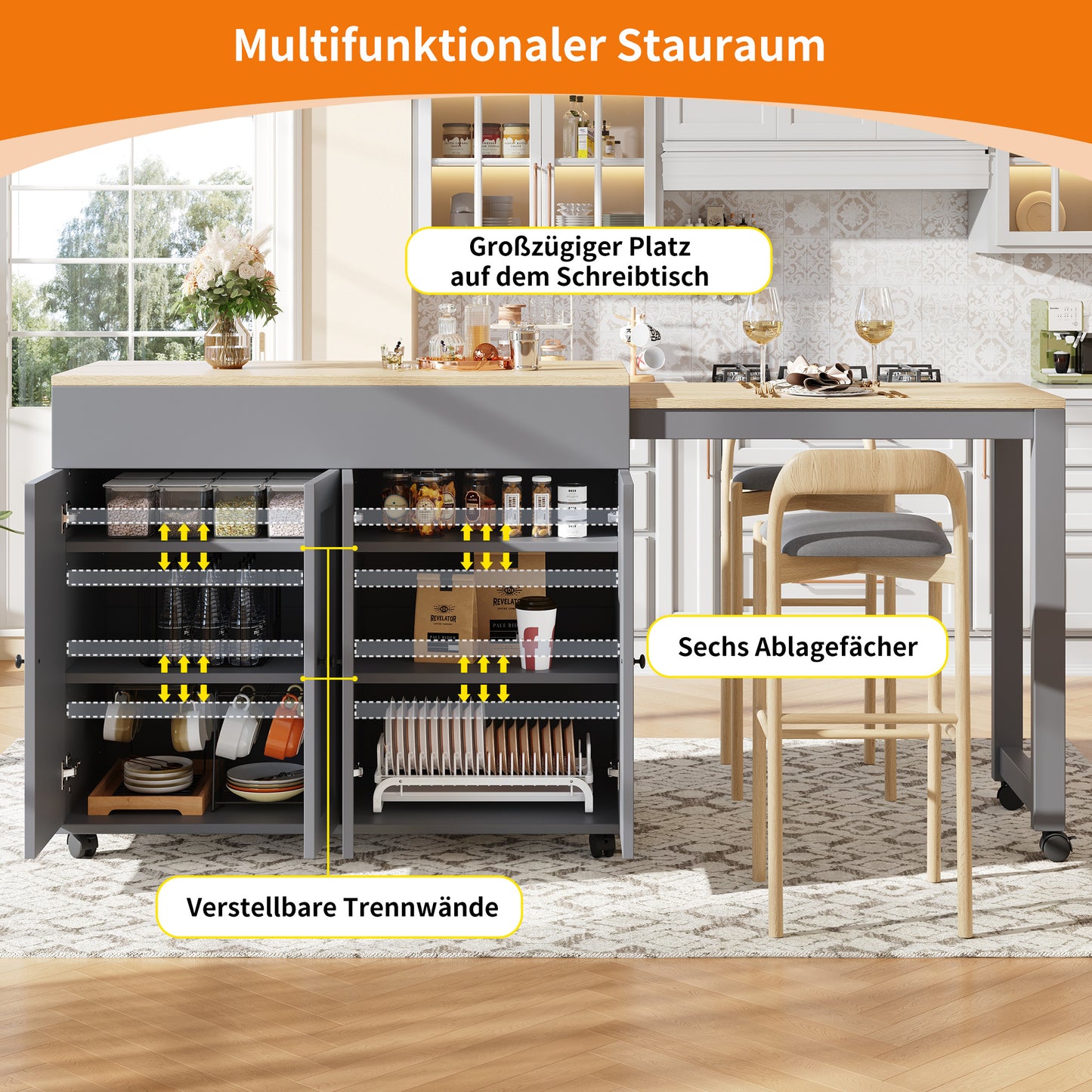 Uitschuifbare Bartafel – Bar Tafel – Eettafel – Keukentafel – Sta Tafel – Met 6 Opbergvakken – Houten Look Tafelblad – 118-180x50x94 cm – Grijs