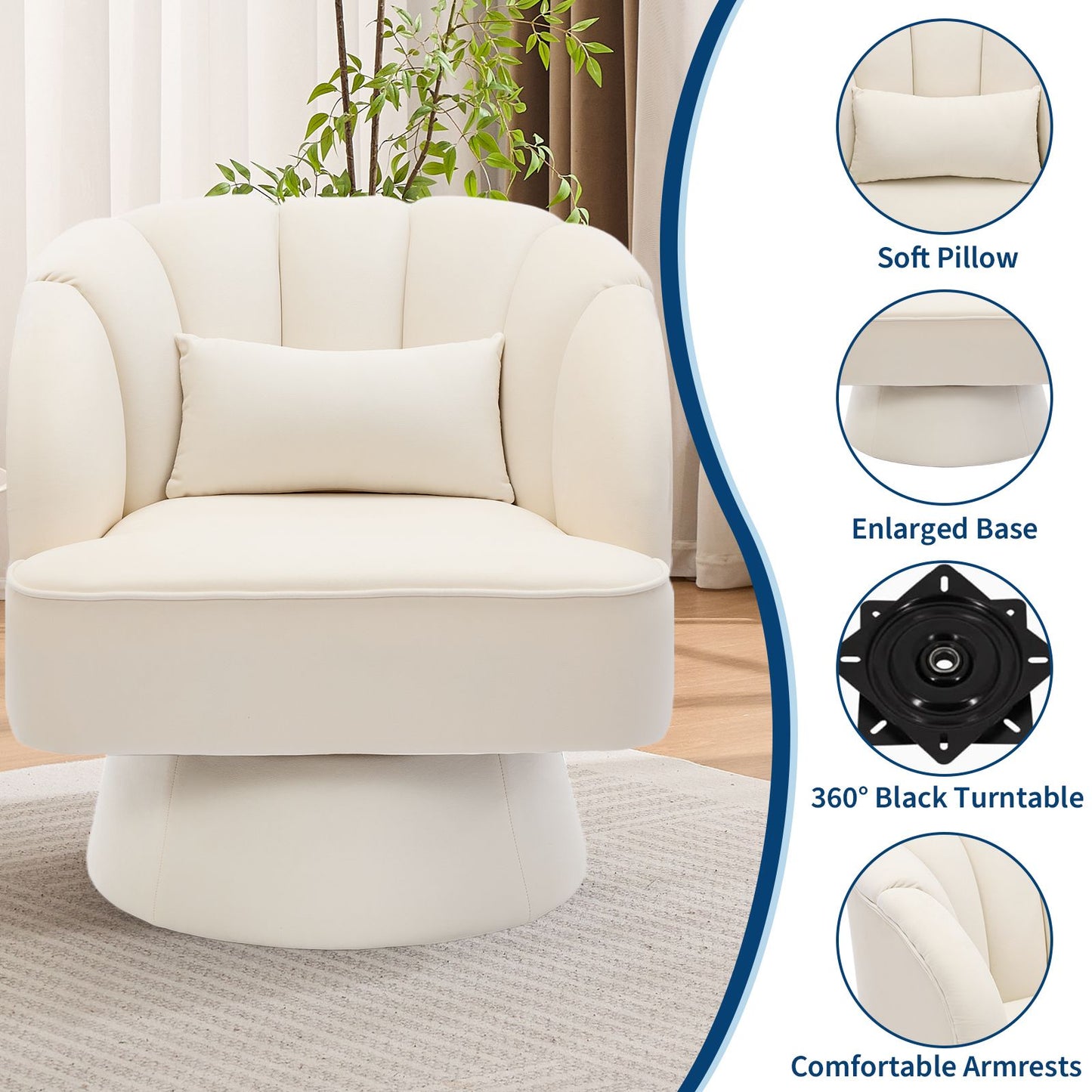 Swivel Accent Chair 360° Barrel Lounge Chair with Modern Striped Backrest | Round Armchair for Living, Bedroom Reading Nook, Hardwood, Non-Adjustable, Wipe Clean