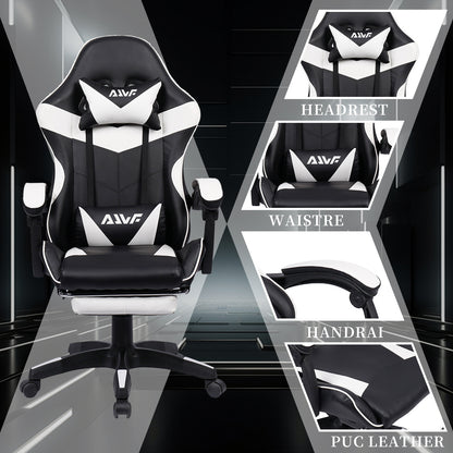 Gamingstoel – Gamestoel – Gaming Chair – Game Stoel – Bureaustoel – Ergonomisch Design – Verstelbare Lendensteun & Neksteun – Zwart-Wit