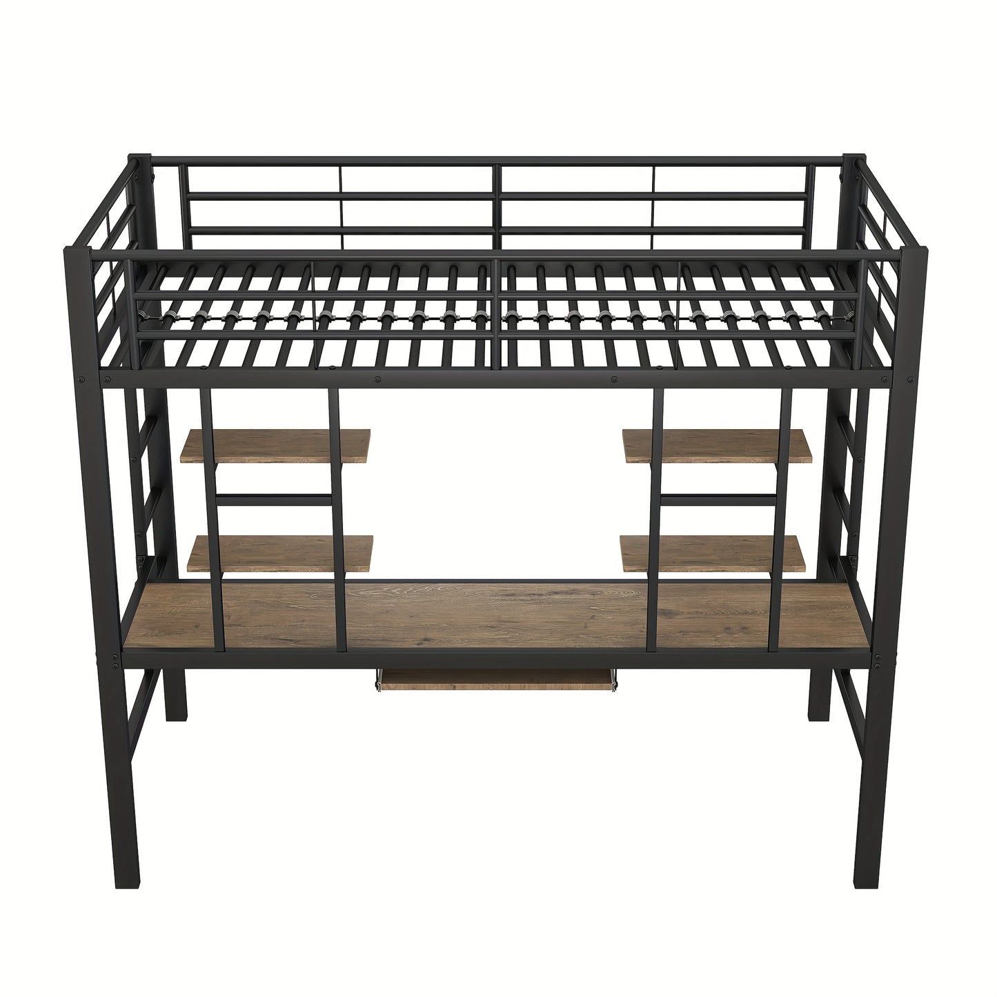 Bedframe – Metalen Bed – IJzeren Bed – Hoogslaper – Eenpersoonsbed – Inclusief Bureau En Boekenplanken – Robuust Stalen Frame – Afmeting 90x200 cm – Zwart