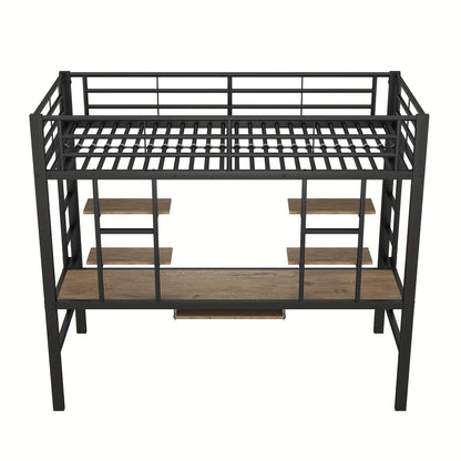 Bedframe – Metalen Bed – IJzeren Bed – Hoogslaper – Eenpersoonsbed – Inclusief Bureau En Boekenplanken – Robuust Stalen Frame – Afmeting 90x200 cm – Zwart