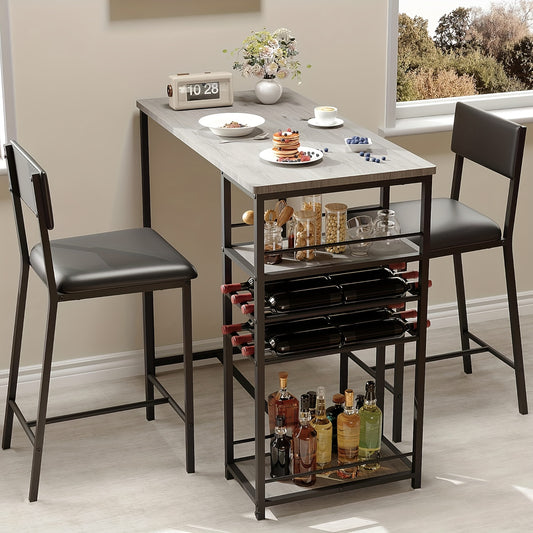 Eettafelset 2 Persoons – Kleine Tafelset – Bistroset – Barhoogte Tafel Met Stoelen – Keukenmeubel – Opbergruimte Onder Tafel – Compact Ontwerp – Stabiele Metaal Hout Mix – Neutraal Grijs