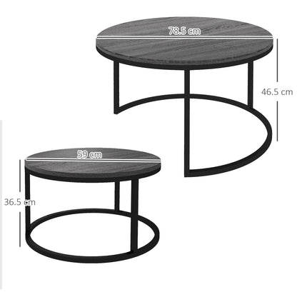 Set Van 2 Bijzettafels – Ronde Salontafel – Nestbare Tafels – Zwarte Tafel – Industrieel Design – Metaal Frame – Compact En Stevig