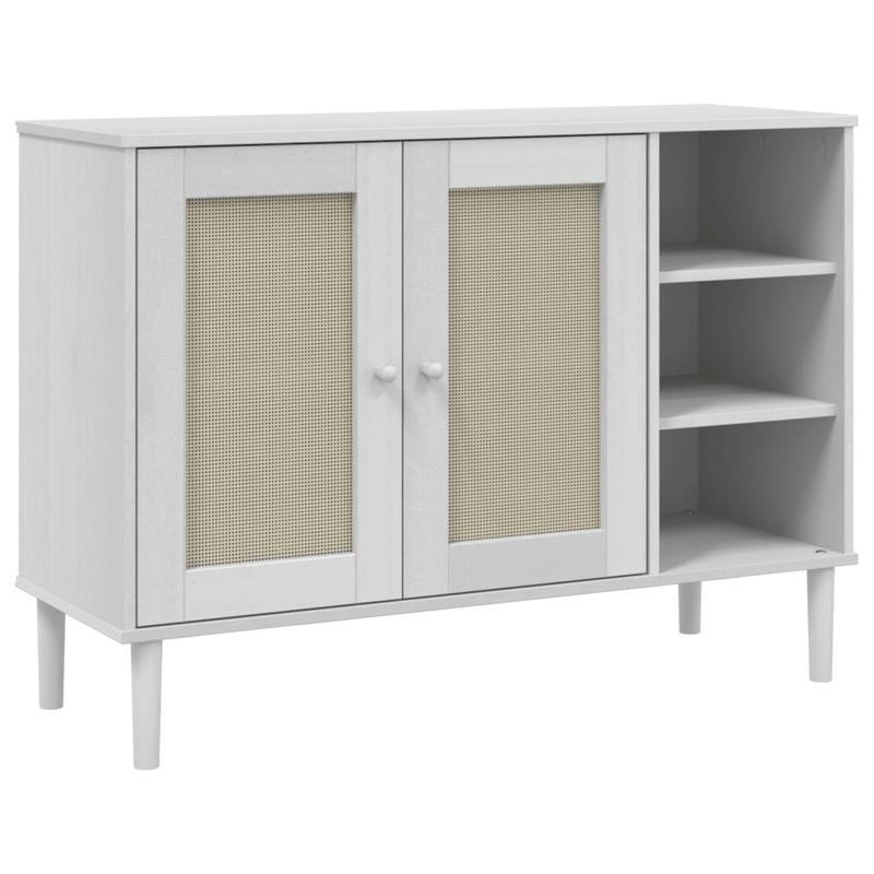 Modern Rattan Look Sideboard with Removable Shelves - Solid Pinewood, 3-Drawer & Open Shelf Design, Light Beige Finish for Living Room Organization, 112x40x80cm, Sideboard Cabinet, Minimalist Decor, Natural Wood Texture