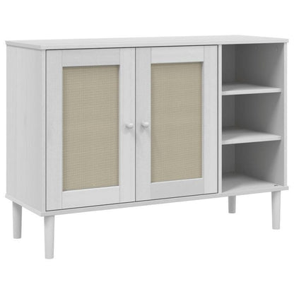 Modern Rattan Look Sideboard with Removable Shelves - Solid Pinewood, 3-Drawer & Open Shelf Design, Light Beige Finish for Living Room Organization, 112x40x80cm, Sideboard Cabinet, Minimalist Decor, Natural Wood Texture