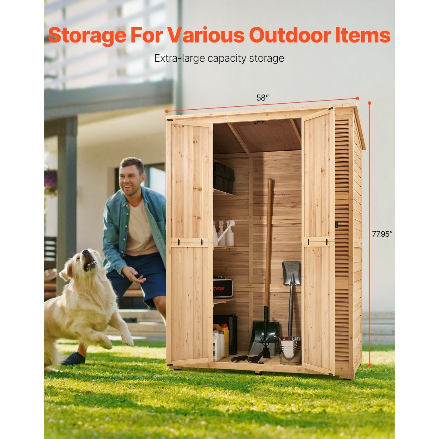 Houten Tuinkast – Buitenberging – Tuinberging – Tuinkast Opbergkast – Cederhout – Weerbestendig Dak – Grote Opbergruimte 147x198 cm