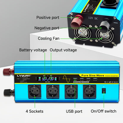 Zuivere Sinusomvormer – Power Inverter – Spanningsomzetter – Stroomomvormer – Omvormer 24V 8000W Pieken – LCD Display – Afstandsbediening – 4 AC Stopcontacten – 4 USB Poorten
