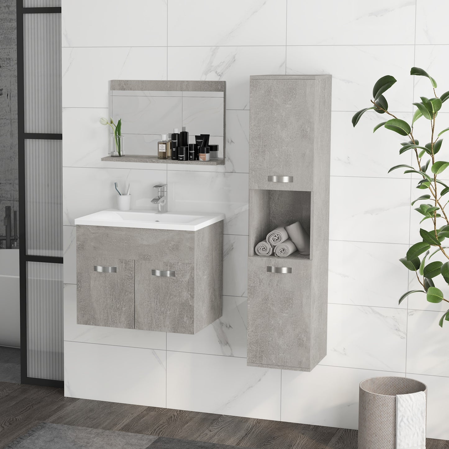 Badkamermeubelset – Badkamerkast – Wastafelmeubel – Spiegelkast – Kolomkast – Hangend Ontwerp – MDF Hardhout Afwerking – Grijs