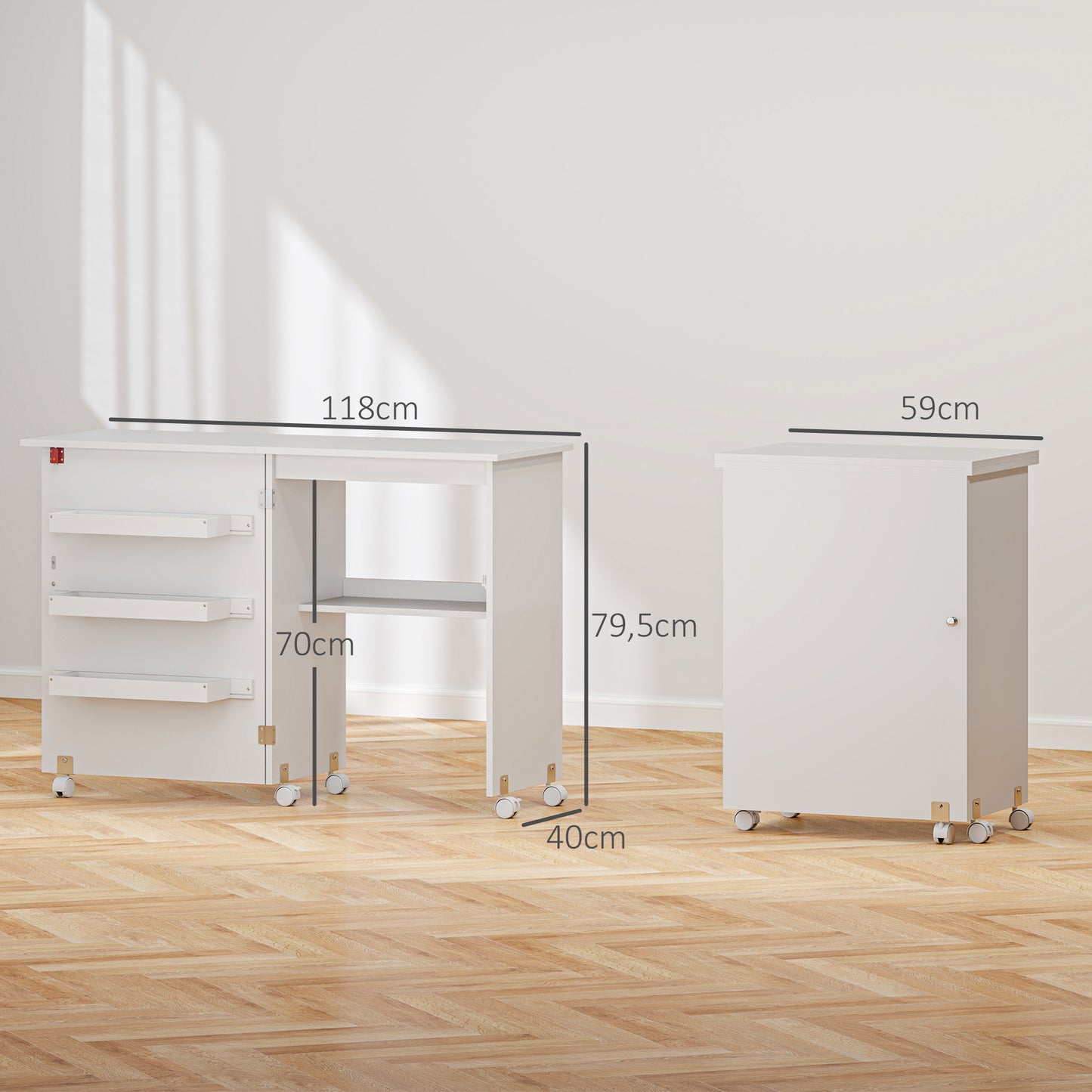 Naaitafel – Naaikast – Werktafel – Hobbytafel – Creatieve Tafel – Inklapbaar Werkblad – Stevig Houten Frame – Opbergruimte Met Wieltjes – Wit – 118x40x79,5 cm