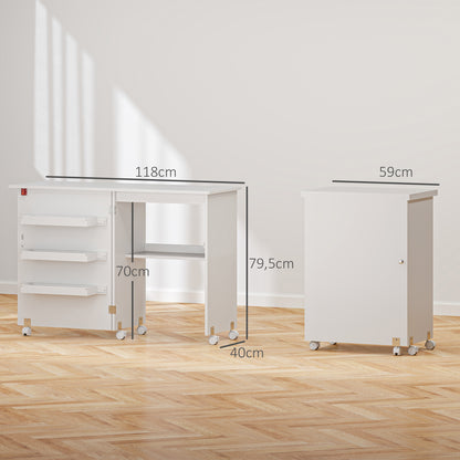 Naaitafel – Naaikast – Werktafel – Hobbytafel – Creatieve Tafel – Inklapbaar Werkblad – Stevig Houten Frame – Opbergruimte Met Wieltjes – Wit – 118x40x79,5 cm