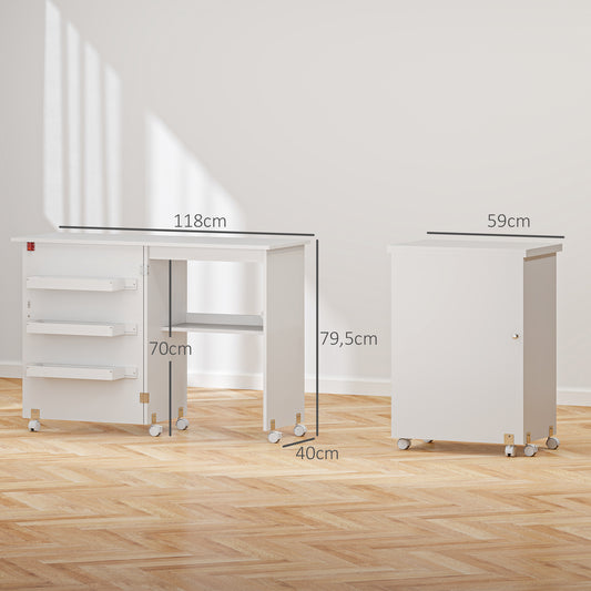 Naaitafel – Naaikast – Werktafel – Hobbytafel – Creatieve Tafel – Inklapbaar Werkblad – Stevig Houten Frame – Opbergruimte Met Wieltjes – Wit – 118x40x79,5 cm