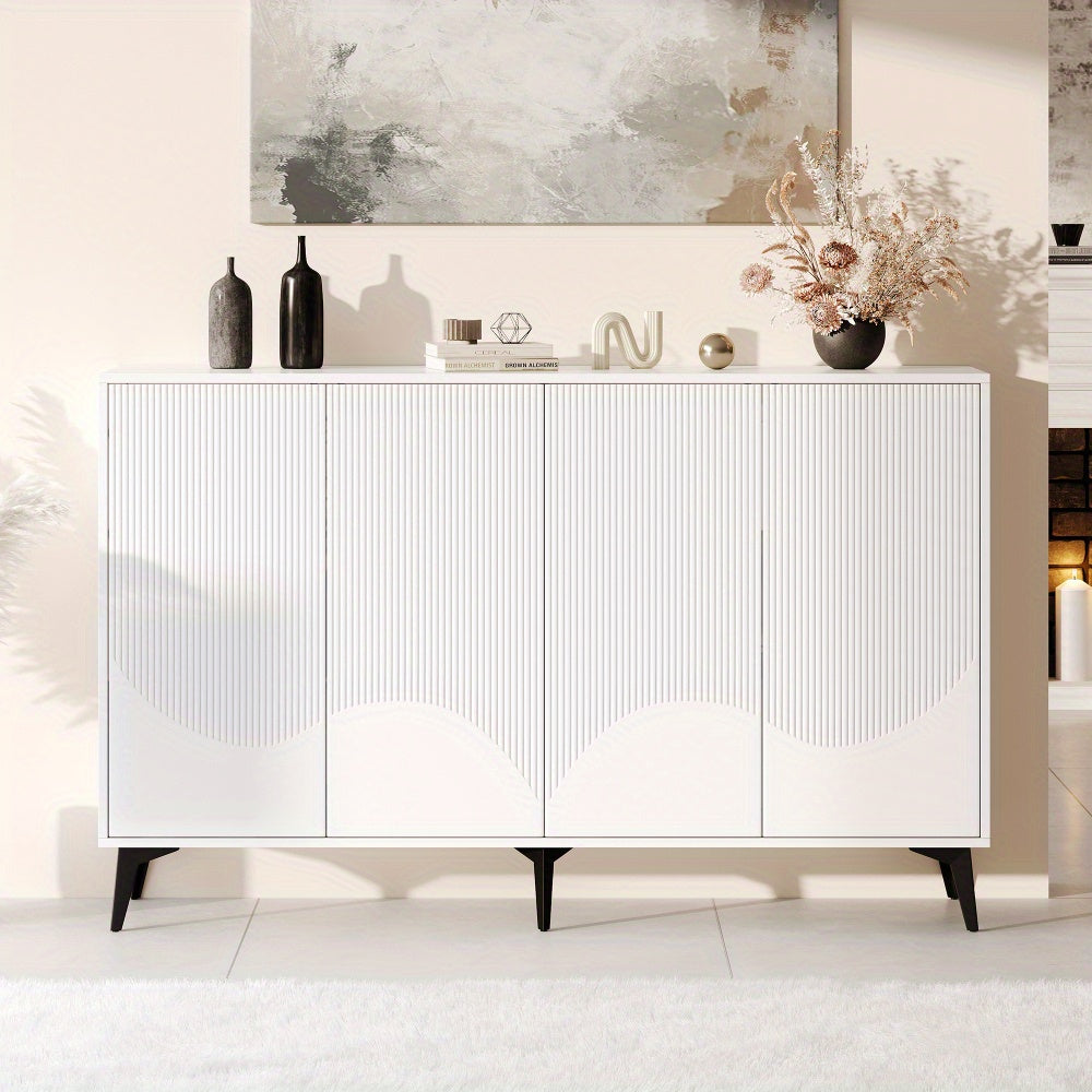 Modern White Metal Storage Cabinet with 4 Doors & Adjustable Shelves - Freestanding Floor Cabinet, 68.58cm Height, 4-Wheel Mobility, No Assembly Required, Space-Saving Design for Entryway, Living Room, Bedroom - Durable Metal