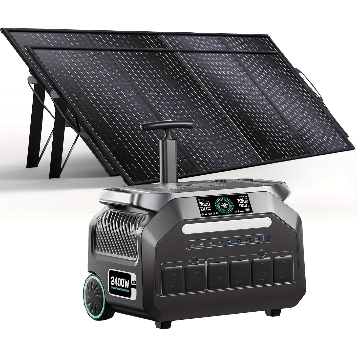 Zonnegenerator – Stroomgenerator – Draagbaar Powerstation – Noodstroom – Energiecentrale – 2048Wh LiFePO4 Batterij – 2400W Vermogen Met 2x 200W Zonnepanelen – Snelle Oplaadfunctie Binnen 1 Uur – 16 Poorten Met App-Bediening