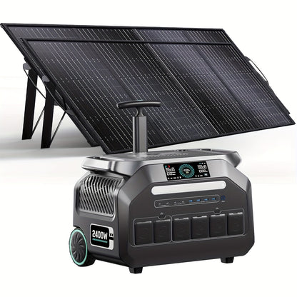 Zonnegenerator – Stroomgenerator – Draagbaar Powerstation – Noodstroom – Energiecentrale – 2048Wh LiFePO4 Batterij – 2400W Vermogen Met 2x 200W Zonnepanelen – Snelle Oplaadfunctie Binnen 1 Uur – 16 Poorten Met App-Bediening