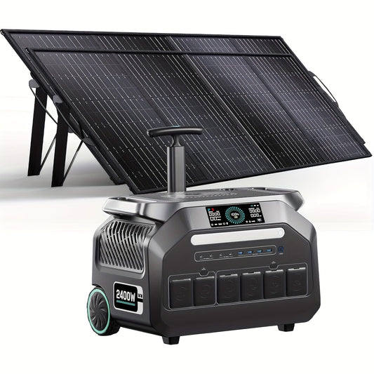 Zonnegenerator – Stroomgenerator – Draagbaar Powerstation – Noodstroom – Energiecentrale – 2048Wh LiFePO4 Batterij – 2400W Vermogen Met 2x 200W Zonnepanelen – Snelle Oplaadfunctie Binnen 1 Uur – 16 Poorten Met App-Bediening