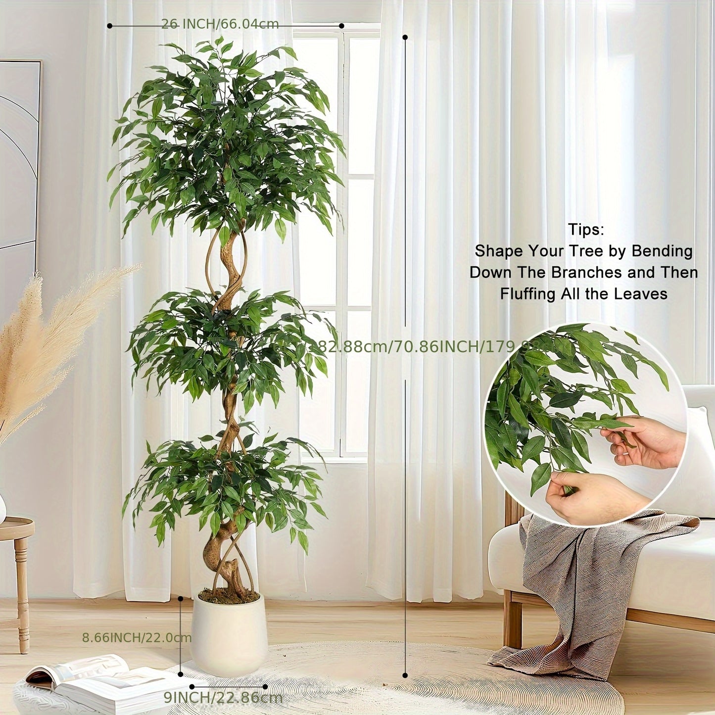 Kunstmatige Ficusboom – Nepplant – Kunstplant – Namaakplant – Sierplant – 150 cm Hoog – Onderhoudsvrij – Realistische Zijde Bladeren – Witte Pot