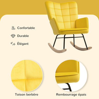 Schommelstoel – Rocking Chair – Wiegstoel – Relaxstoel – Voedingsstoel – Fluweel Bekleding – Stalen Frame Met Massief Houten Poten – Geel