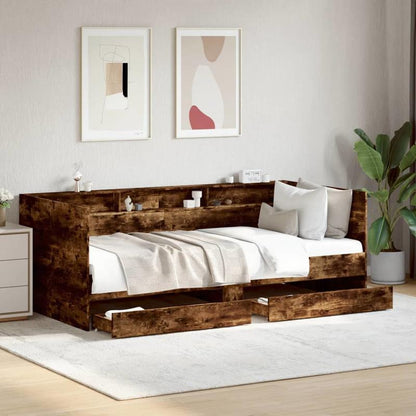 Slaapbank – Bank – Daybed – Logeerbed – Sofa Cama – Met Opberglades – Massief Hardhout – Ruimtebesparend 75x190 cm – Donker Eiken Afwerking
