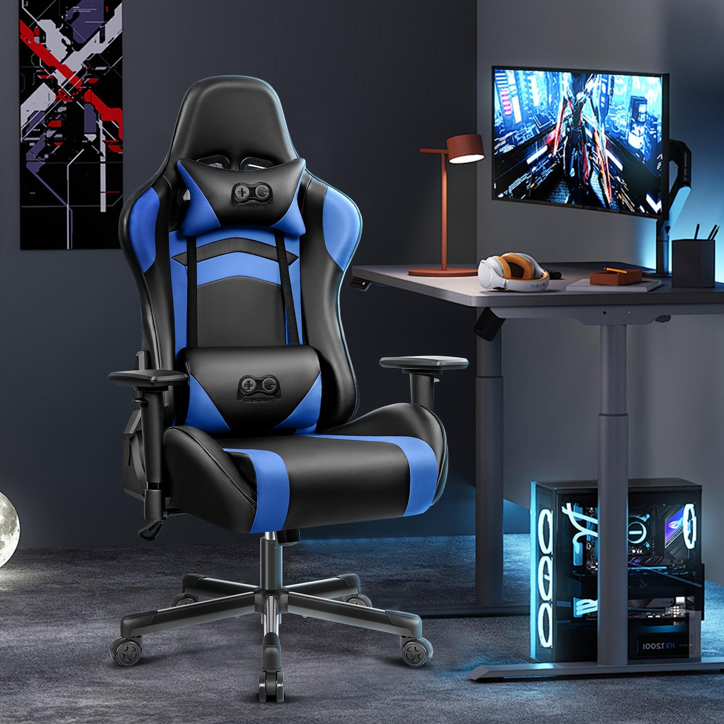 Gamingstoel – Game Stoel – Bureaustoel – Racestoel – Ergonomische Zitstoel – Verstelbare Rugleuning – 3D Armleuningen – Zwart Blauw