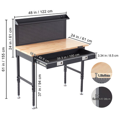 Werkbank – Houten Werktafel – Klusbank – Werkbank Met Pegboard – Verstelbare Werkhoogte – Massief Houten Werkblad – 4 Stopcontacten & USB Poorten – 900 kg Draagvermogen