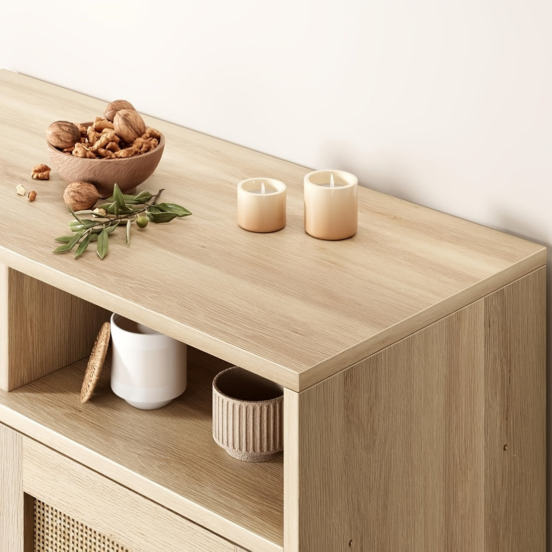 Rattan Sideboard – Buffetkast – Dressoir – Keukenkast – Opbergkast – Massief Hout & MDF – 3,2+ Kubieke Voet Opbergruimte – Freestanding 68,58 cm Hoog