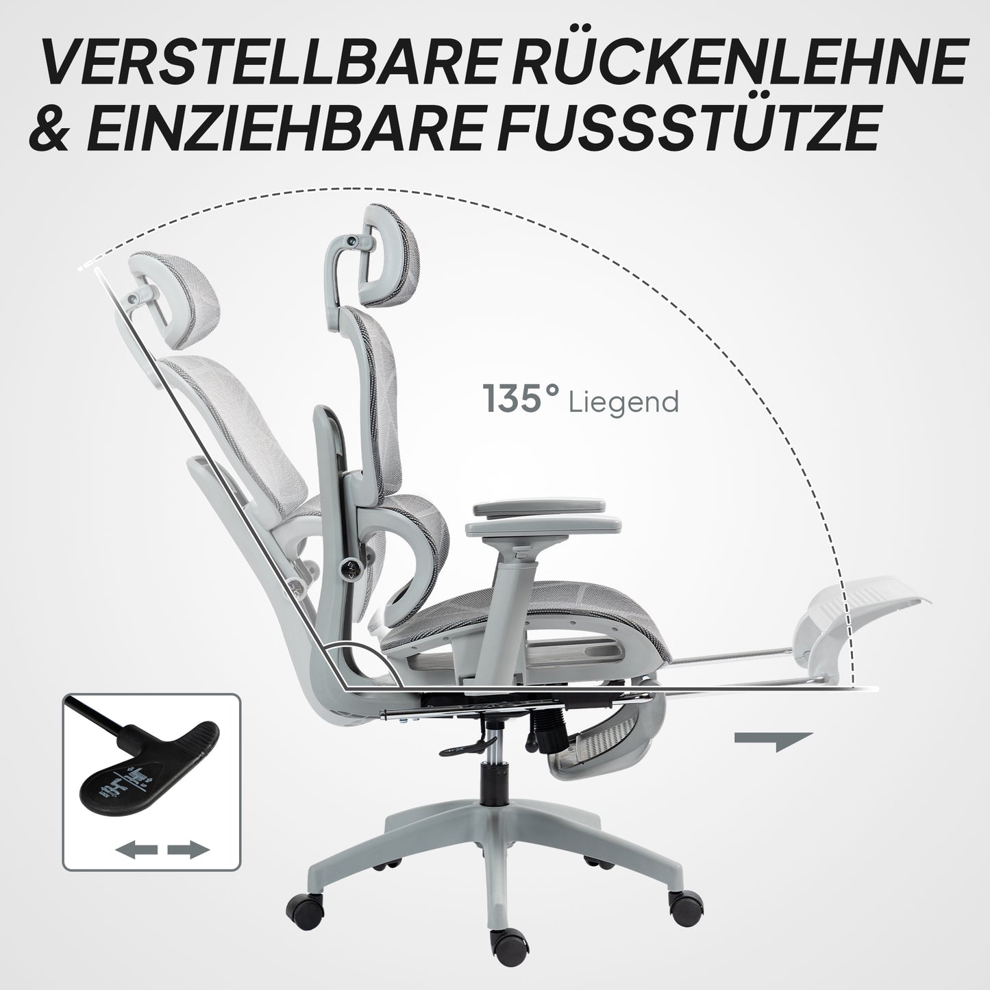 Ergonomische Bureaustoel – Kantoorstoel – Bureauzetel – Werkstoel – Bureaustoel Met Armleuningen – Grijs – Verstelbare Hoofdsteun – Ademend Mesh