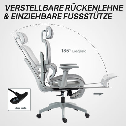 Ergonomische Bureaustoel – Kantoorstoel – Bureauzetel – Werkstoel – Bureaustoel Met Armleuningen – Grijs – Verstelbare Hoofdsteun – Ademend Mesh