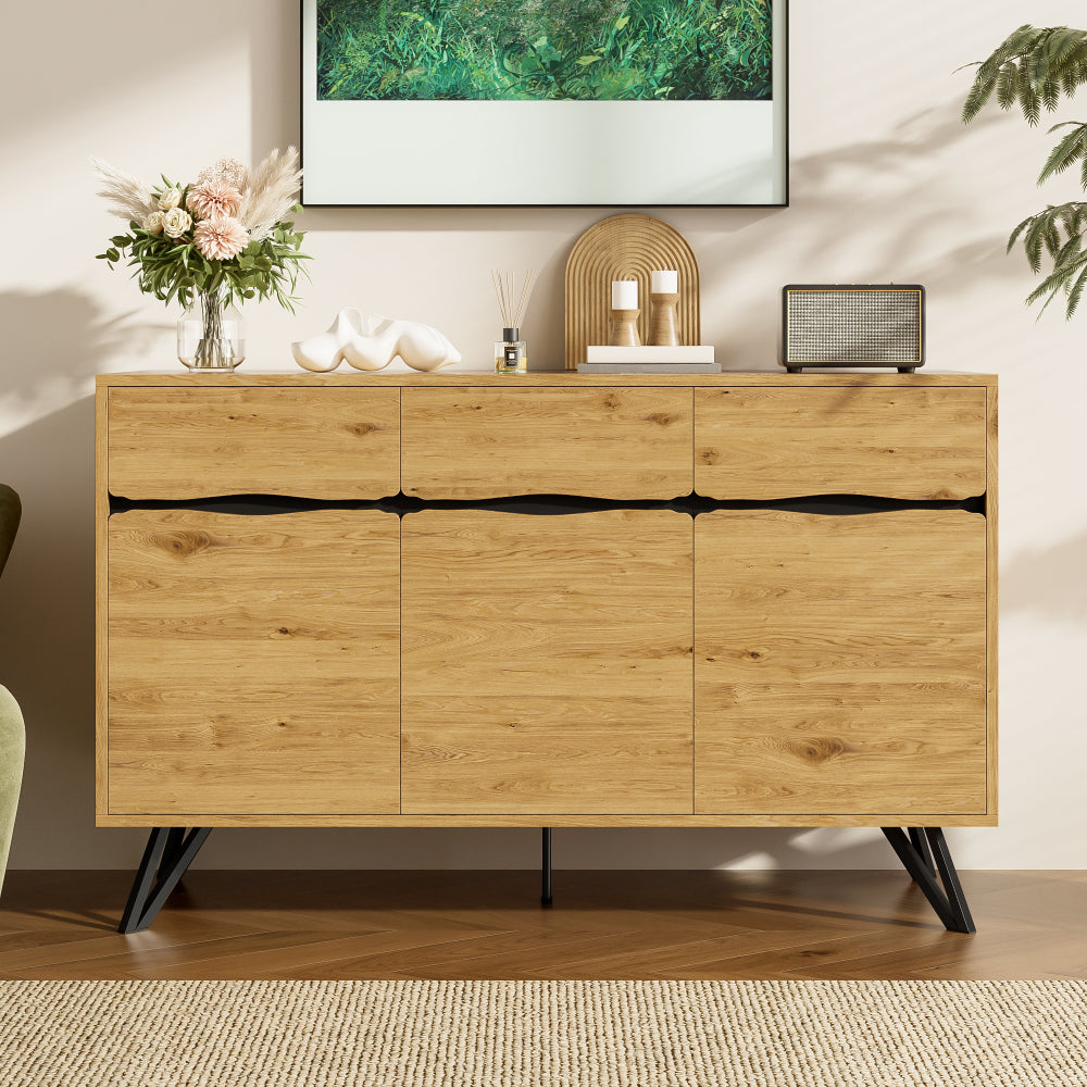 Dressoir – Opbergkast – Ladekast – Buffetkast – Kast – Modern Design – Zwart Metalen Poten & Wit – Onderhoudsvriendelijk Zonder Hout – 3 Deuren Met Open Vak En Verstelbare Plank