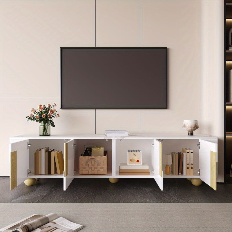 Tv-Meubel – Tv-Kast – Tv-Stand – Media-Meubel – Dressoir – Wit Met Houten Accenten – 180 cm Breed – Marmerlook Blad Met Houten Bolpootjes
