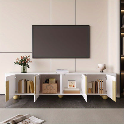 Tv-Meubel – Tv-Kast – Tv-Stand – Media-Meubel – Dressoir – Wit Met Houten Accenten – 180 cm Breed – Marmerlook Blad Met Houten Bolpootjes