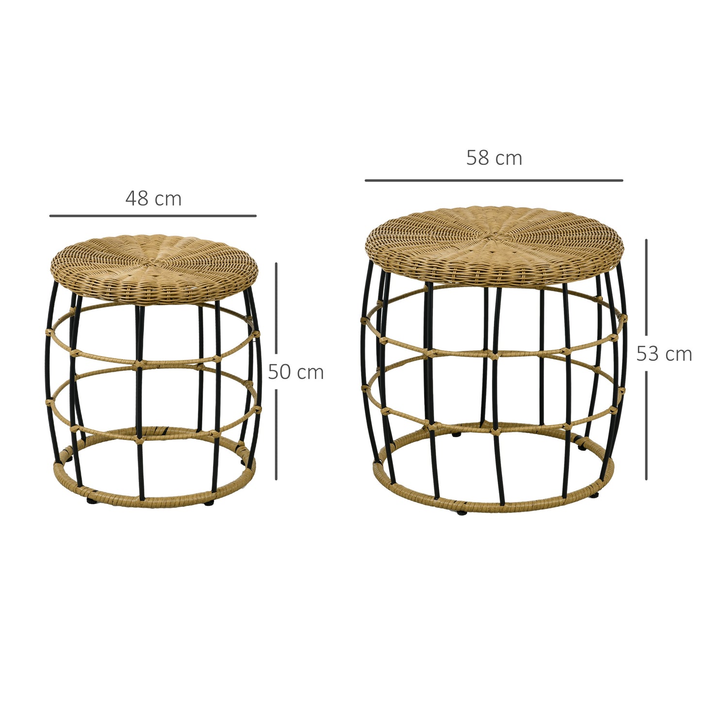 Bijzettafel – Bijzettafeltje – Salontafel – Nachtkastje – Banktafel – Set van 2 – Donkerbruin Rotan Effect – Nesting Design met Stalen Frame