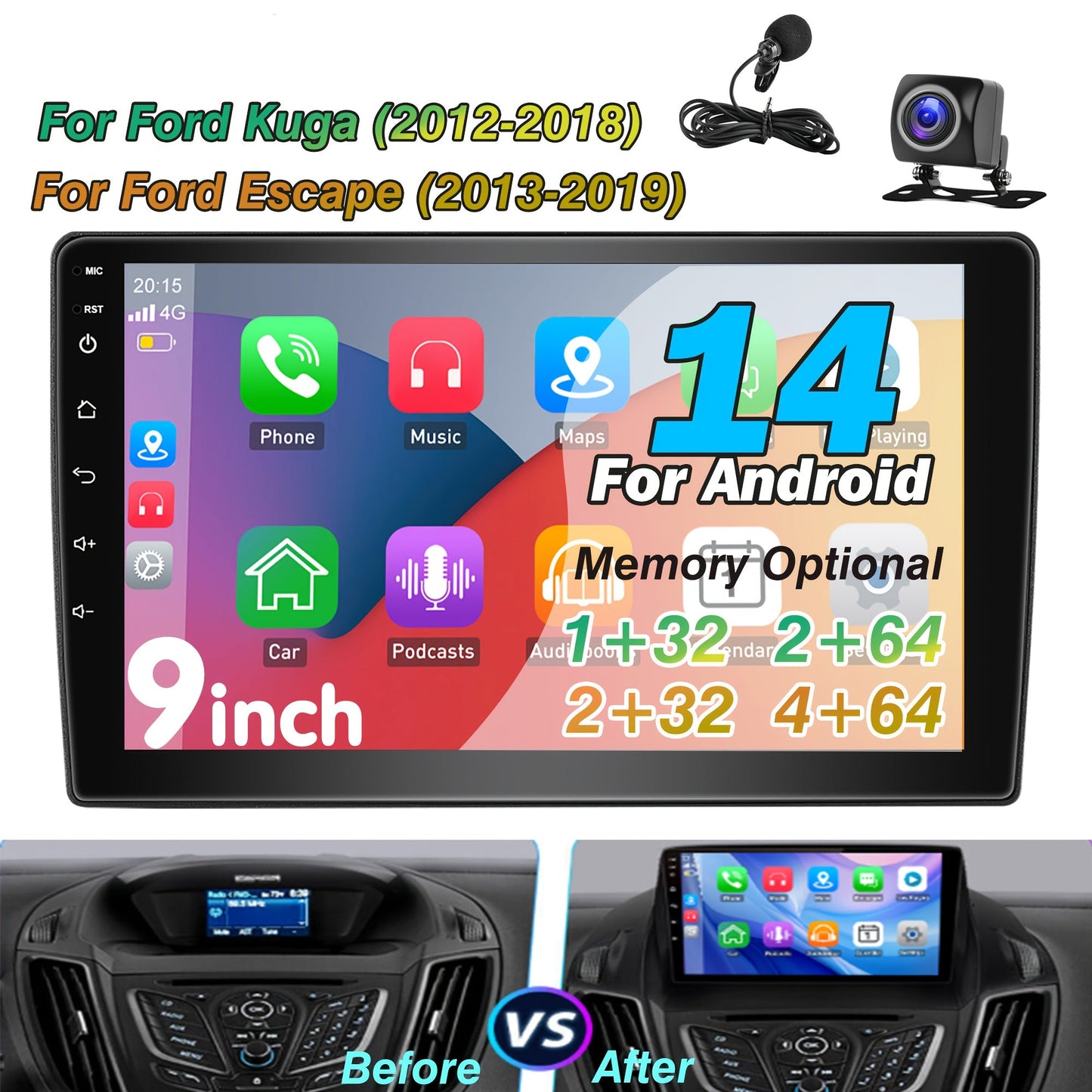 Android 14 Autoradio – Double DIN Navigatiesysteem – Auto Multimedia Speler – GPS Radio – Touchscreen Stereo – 2+64GB Geheugen – 9-Inch HD Scherm – Android Auto & CarPlay Compatible