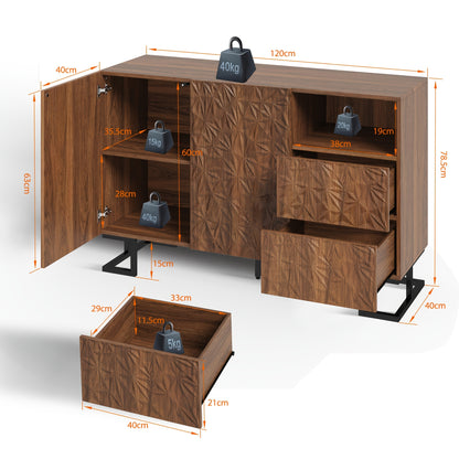 Modern Brown Entryway Storage Cabinet with 2 Doors & 2 Divided Drawers - Large Capacity Sideboard (≥3.2 Cu Ft), Metal Legs & Wicker Back Panel, Freestanding Hallway Furniture for Living Room, Dining Room - No Assembly Requi