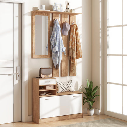 Halmeubel 3-in-1 – Kapstok – Schoenenkast – Spiegel – Opbergmeubel – Walnoot en Wit – 6 Haken – Verstelbare Plank