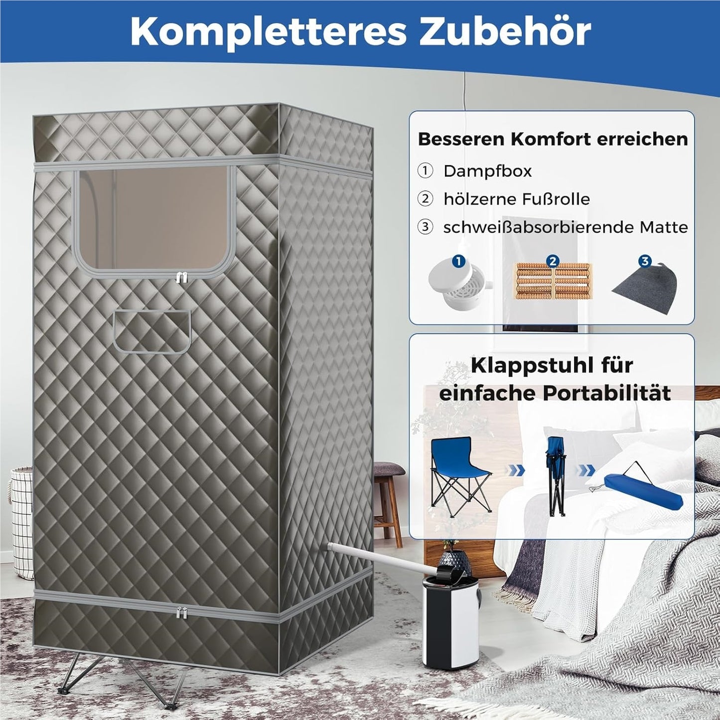 Draagbare Sauna Tent – Mobiele Sauna – InfraSauna – Stoomcabine – Wellness Tent – 35-63°C Temperatuurregeling – 3 Liter Stoomgenerator – Grijs