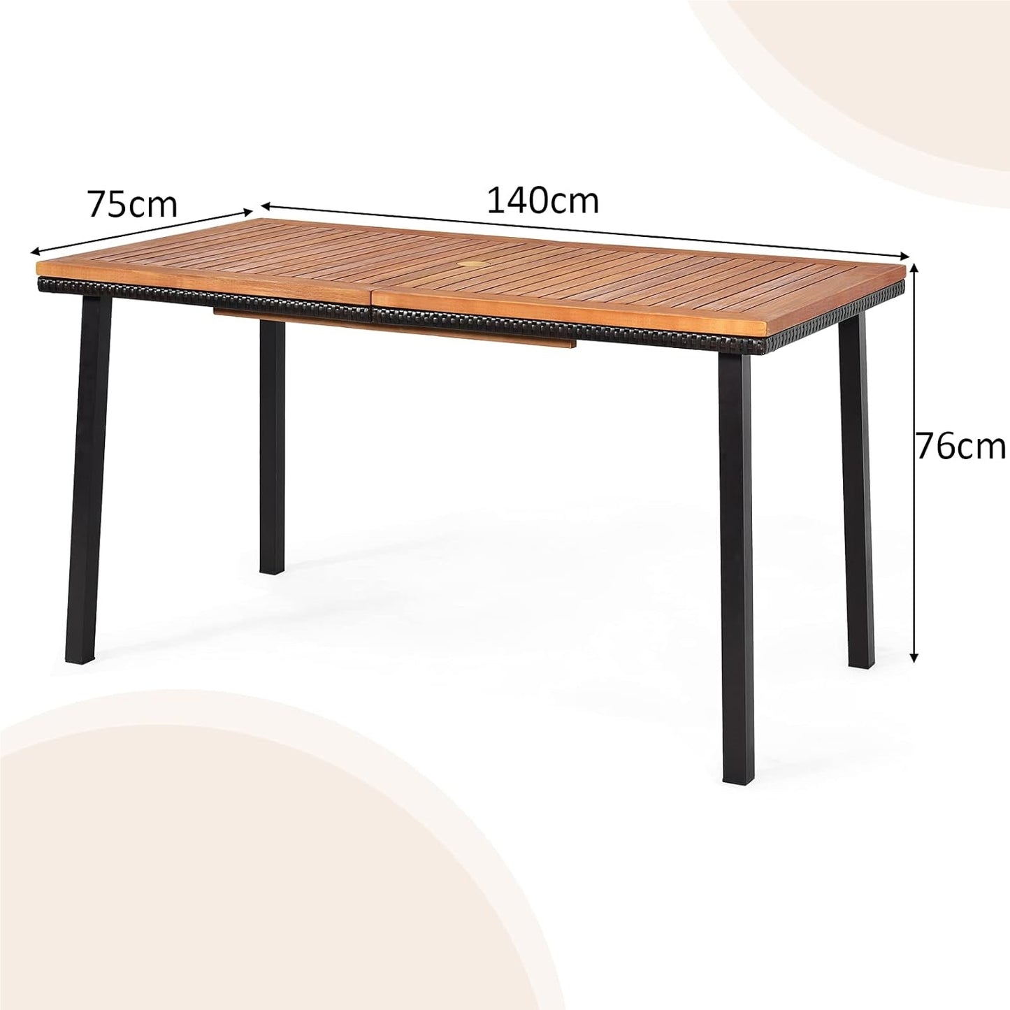 Tuintafel – Terrastafel – Buiten tafel – Eettafel – Houtentafel – Acaciahouten Blad – Met Parasolgat – 140x75x76 cm – Voor 6-8 Personen