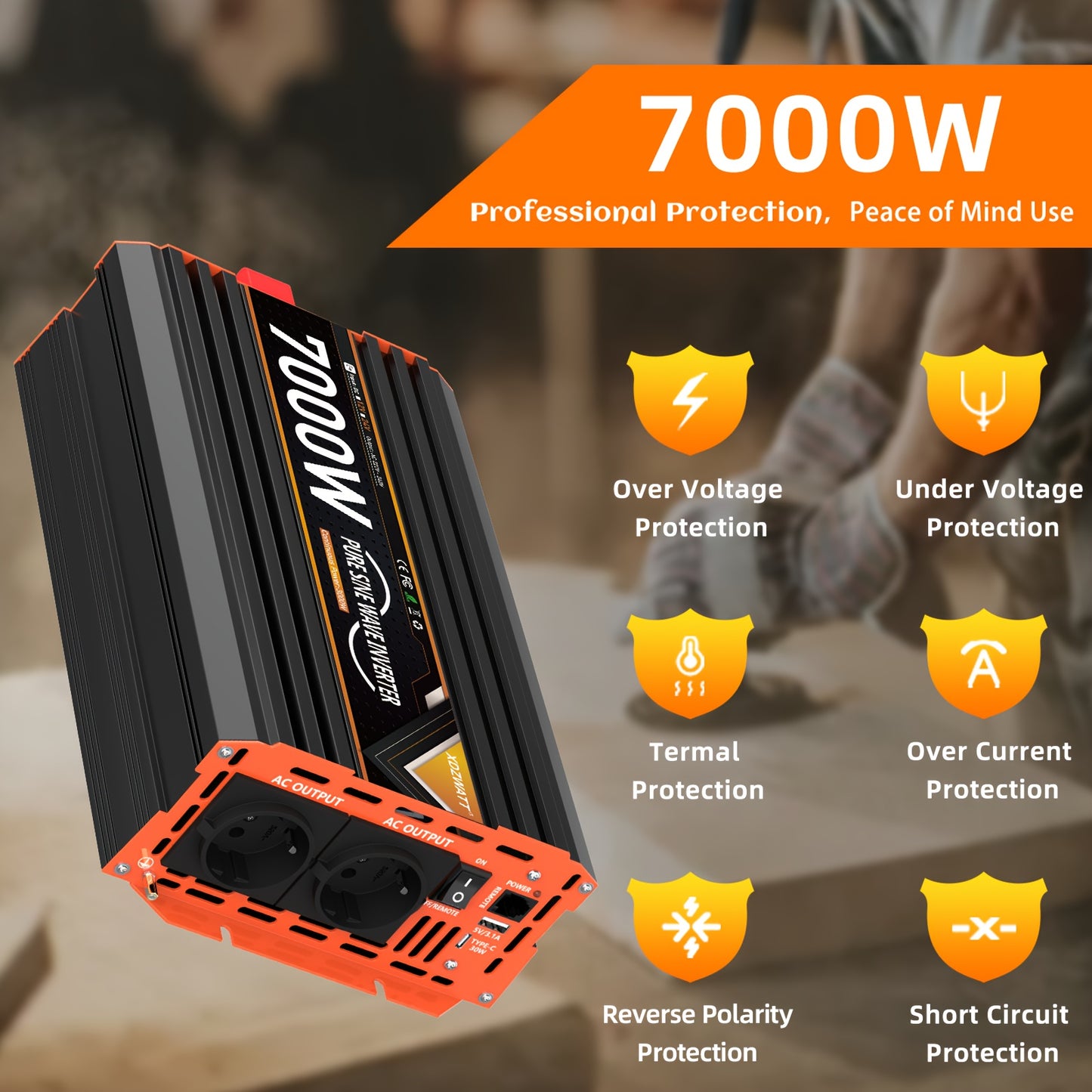 Omvormer 12V naar 230V – Stroomomzetter – Wechselrichter – Spanningsomzetter – Power Inverter – 7000W Piekvermogen – Pure Sinusgolf Uitgang
