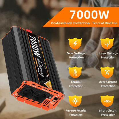 Omvormer 12V naar 230V – Stroomomzetter – Wechselrichter – Spanningsomzetter – Power Inverter – 7000W Piekvermogen – Pure Sinusgolf Uitgang