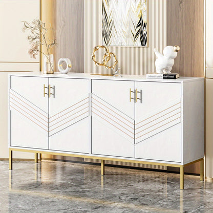 Dressoir – Sideboard – Opbergkast – Buffetkast – Wandkast – 4-Deurs Modern Design – Verstelbare Planken & 360° Draaibaar – Wit Met Gouden Metalen Frame – Grote Opbergruimte – Vloerstaand Zonder Elektriciteit