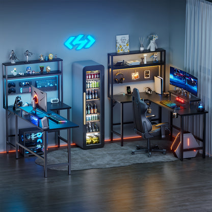 Ergonomisch Bureau – L-vormig Bureau – Hoekbureau – Gamingbureau – Computerbureau – LED-Verlichting – Verstelbare Monitorhouder – Zwart – 150x100 cm – Inclusief Headphonehouder en Cupholder