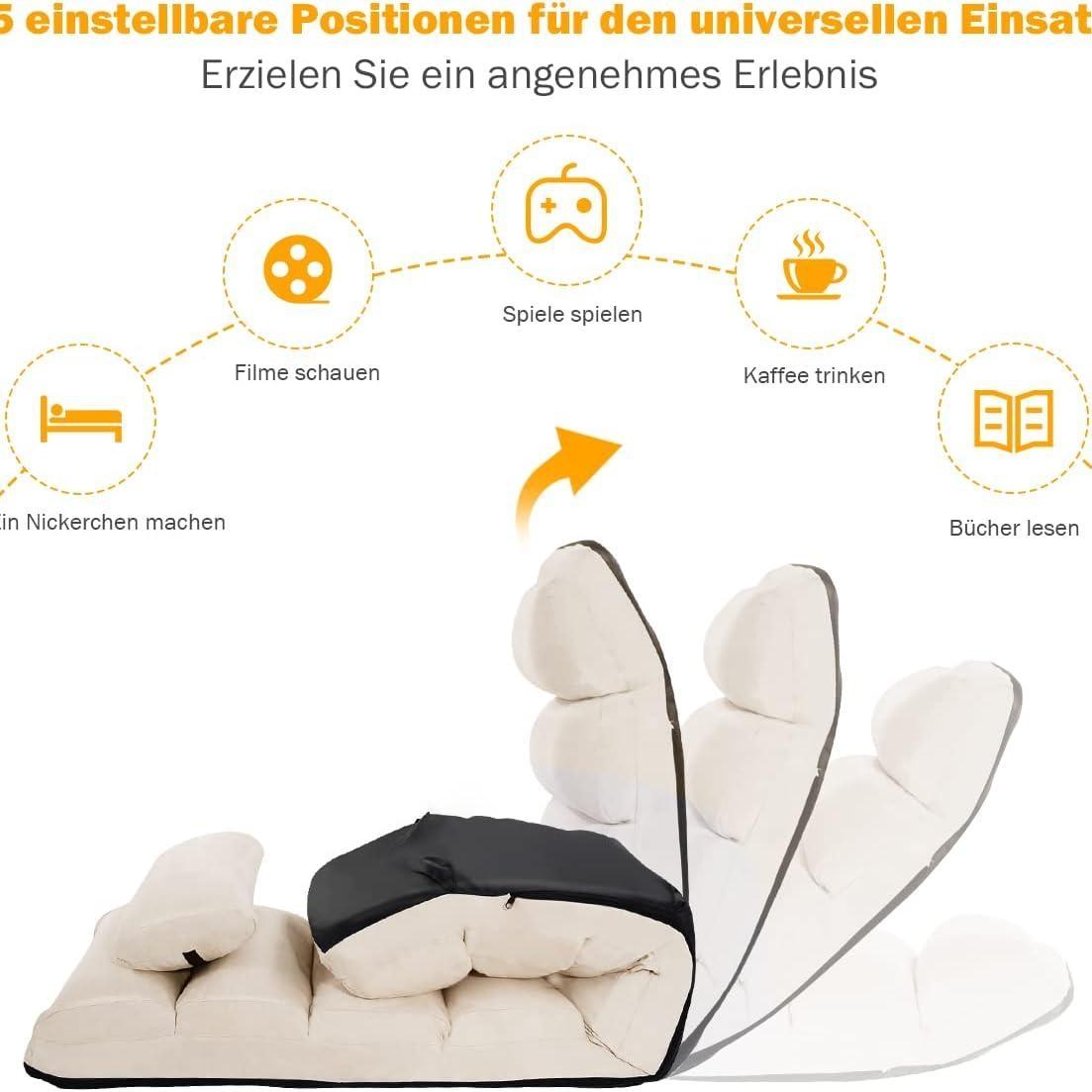 Relaxabele Vloerstoel – Opvouwbare Zitstoel – Floor Lounger – Vloersofa – Verstelbare Rugleuning – Zachte Foam Bekleding – Beige