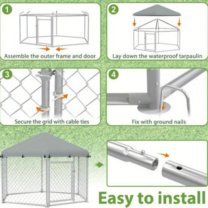 Hondenkennel – Buitenren – Hondenhok – Dierenverblijf – Hondenkooi – Gegalvaniseerd Staal – Zonnescherm Dak – 210x185x150 cm – Afsluitbare Deur – Weerbestendig