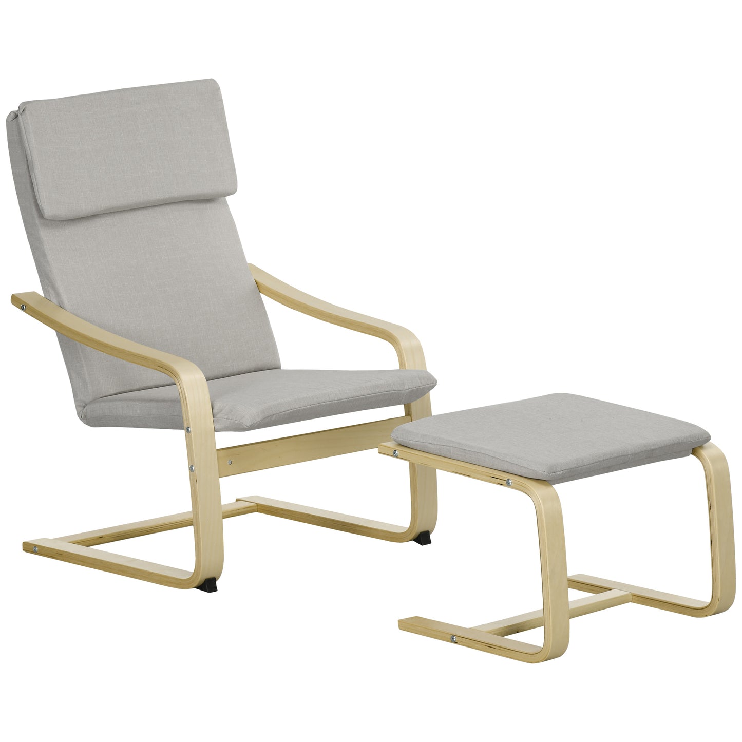 Loungestoel – Fauteuil – Relaxstoel – Zetel – Armstoel – Linnenlook Stof – Houten Frame – Incl. Voetenbankje – Max 120 Kg – Lichtgrijs/Natuur