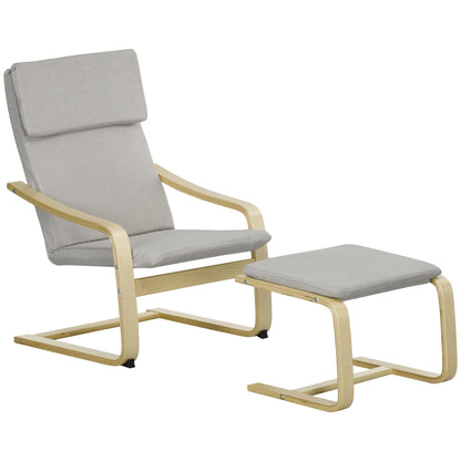 Loungestoel – Fauteuil – Relaxstoel – Zetel – Armstoel – Linnenlook Stof – Houten Frame – Incl. Voetenbankje – Max 120 Kg – Lichtgrijs/Natuur